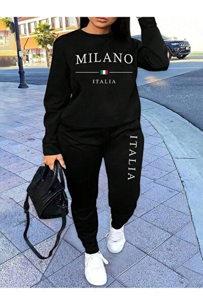 EVIus Crew Neck Milano Printed 100% Cotton Full Winter Inner Complete Fleece-Lined Oversized Tracksuit Set