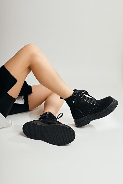 Hayalimdeki Ayakkabı Γυναικείες μπότες με κορδόνια με φερμουάρ στο πλάι Μαύρη θερμοαντιολισθητική σόλα