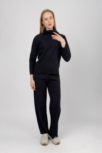 Betimoda Women's High Neck Knit Sweater Pants Set Black