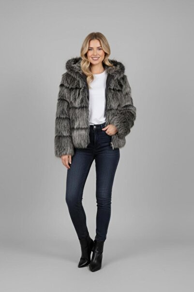 Manga Kadın Gri Kapüşonlu Suni Kürk Mont MK100 Gri