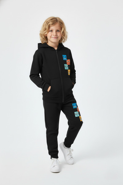 FYK KİDS Σετ αθλητικής φόρμας για αγόρια K με κουκούλα με λεπτομέρεια εκτύπωσης προσώπου με φερμουάρ, χειμερινό, χοντρό, με 3 κλωστές