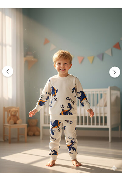 Arya Nisa Kids SET DE PIJAMĂ IMPRIMATĂ CU FIGURĂ DE MINGE DE FOTBAL DINOZOR ALBASTRU PENTRU BĂIEȚI cu căptușeală din fleece bumbac 100%