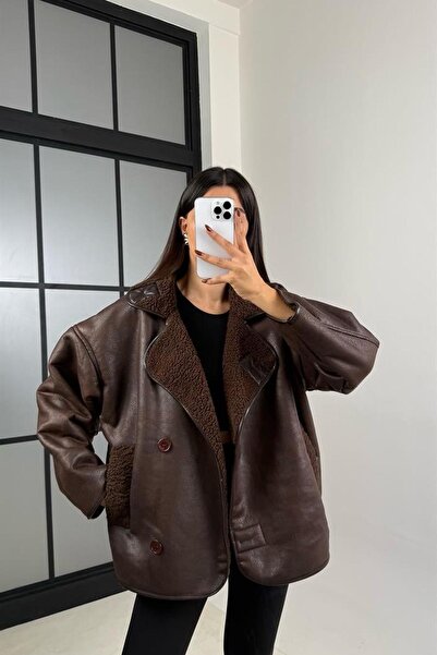 Jaglion Else Pb Brown Women's Oversized Leather Jacket Coat