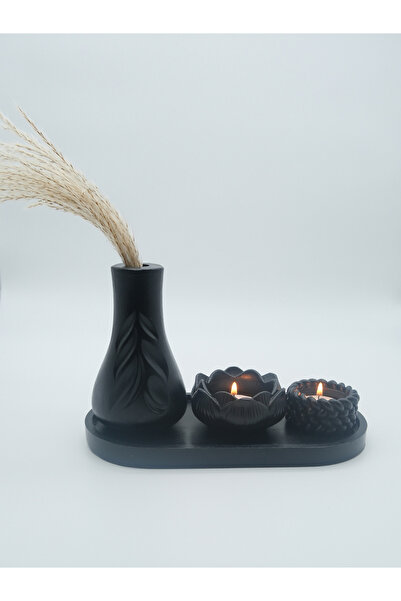 ATEŞLER HEDİYELİK مجموعة مزهرية منقوشة بنمط أوراق الشجر وحامل شموع منسوج بالل...