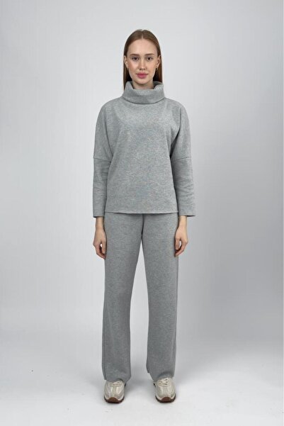 Betimoda Women's High-Necked Knitwear Sweater Pants Set Gray