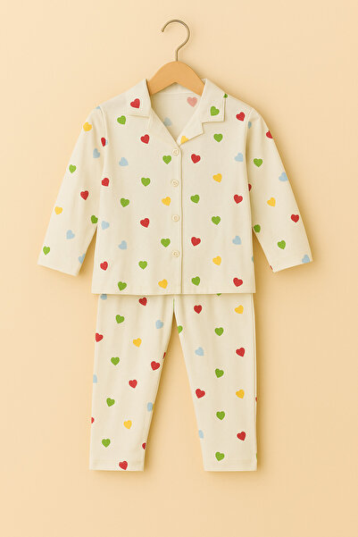 Beka Kids Set de pijamale pentru fete cu mâneci lungi, cu model de inimă colorată, cu bumbac 100% piese, cu nasturi în față, cu guler cămașă