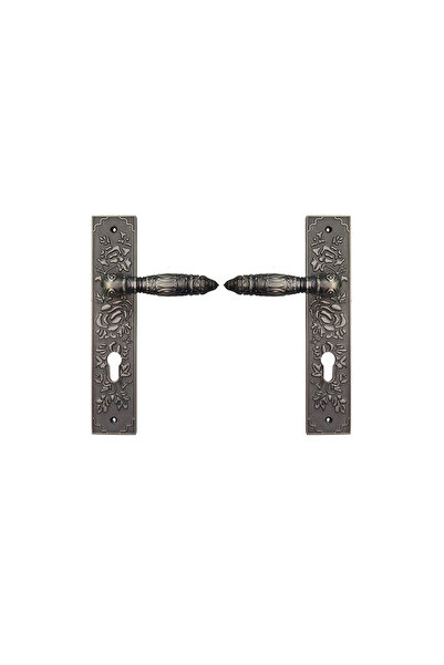 EmaConstruct Antique chrome handles with escutcheon for metal doors/gates, floral, 85 mm centers