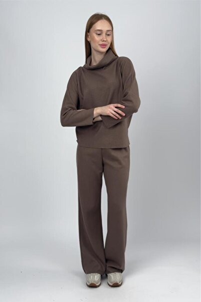 Betimoda Women's High Neck Knit Sweater Pants Set Brown