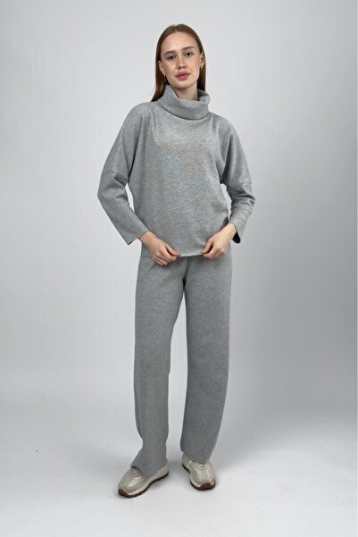 Betimoda Women's High-Necked Knitwear Sweater Pants Set Gray