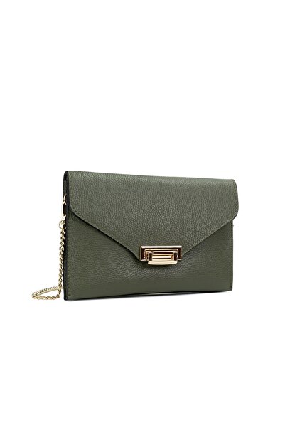 Posete Fagaras Mara Leather Purse - Khaki, 3 Compartments, 1 Pocket, Non-Adjustable Chain Strap 110 cm