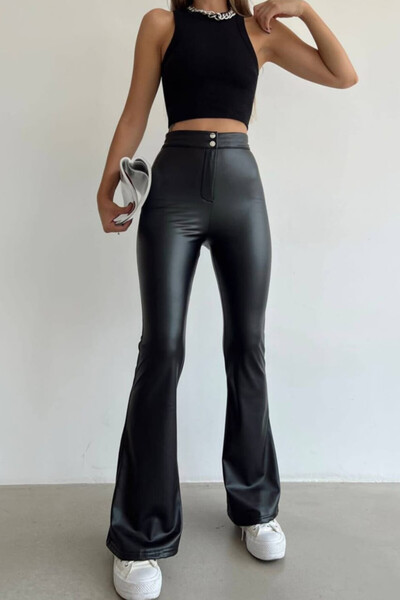 FashionForYou Balkan flared trousers, made of -leather, with fixed waistband, Black