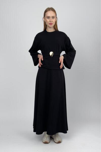 Betimoda Women's Corded Fabric Half Fisherman Belted Skirt Suit Black