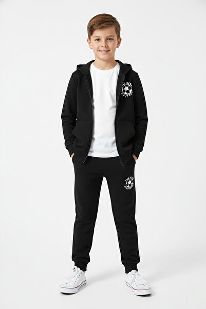 FYK KİDS Σετ αθλητικής φόρμας για αγόρια K με κουκούλα με λεπτομέρεια εκτύπωσης χειμερινού ποδοσφαίρου με φερμουάρ με 3 νήματα