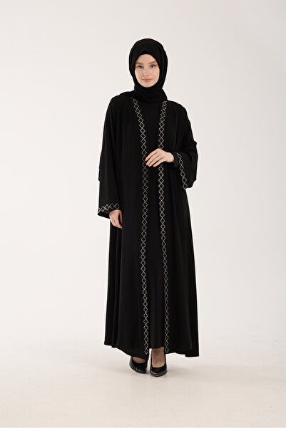 Marles Siyah Önü Ve Kolları Yonca Desen Taş İşlemeli Broşlu Abaya - Ferace