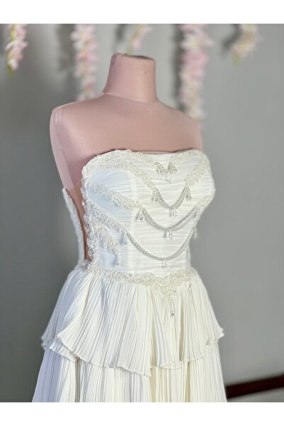 MEDUSA Elowen Drapeli İnci Detaylı Mini Gelinlik After Kısa Boy Elbise