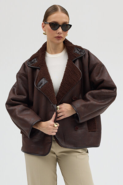 Jaglion Else Pb Brown Women's Oversized Leather Jacket Coat