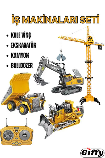 giffy Oyuncak Uzaktan Kumandalı İnşaat Makineleri 4'lü Set Kule Vinç,Ekskavatör,Kamyon ve Bulldozer Şarjlı