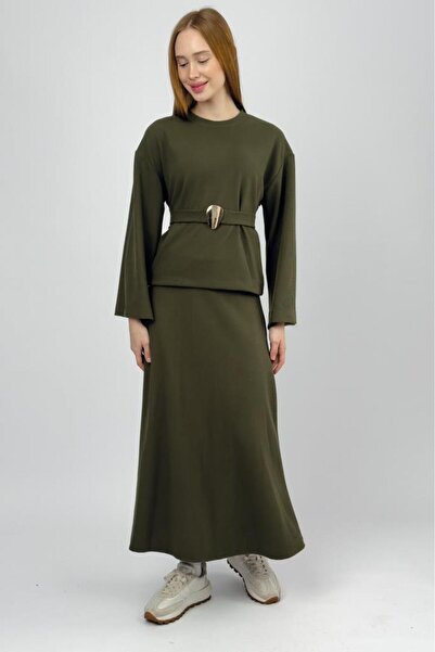 Betimoda Women's Corded Fabric Half Fisherman Belted Skirt Suit Khaki