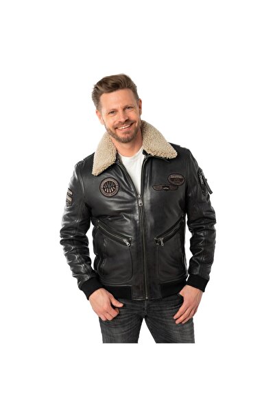 mauritius Μαύρο δερμάτινο μπουφάν για άνδρες MMStarpilot