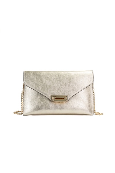 Posete Fagaras Mara Leather Purse - Gold, 3 Compartments, 1 Pocket, Non-Adjustable Chain Strap 110 cm