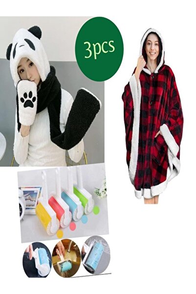 Generic 3-piece winter set: warm Hooded blanket, panda hat shawl with built-in gloves, plus