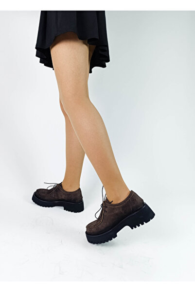 GDT Ayakkabı Kahve Renk Süet Deri Bağcıklı Kalın Taban Kadın Loafer Ayakkabı