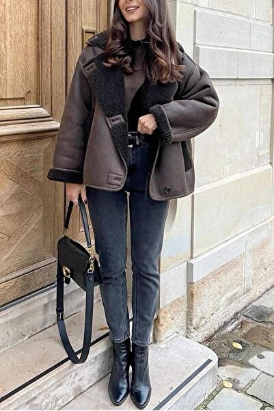 Jaglion Else Pb Bitter Brown Women's Oversized Leather Jacket Coat