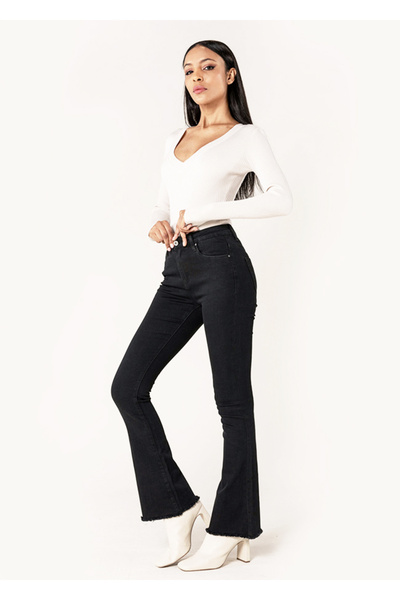 Nina Carter Blugi evazat cu croială tip barcă pentru femei, negri, B-P218-8A M10