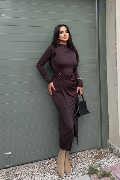 MOZENA Bisiklet Yaka Bel Aksesuar Detay Uzun Elbise