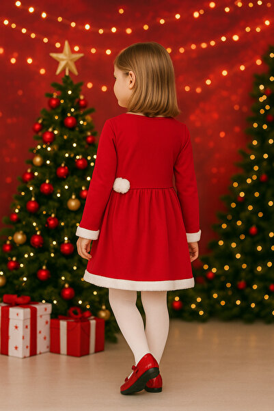 Atabay Kids ATABAY 193-10-25 Kız Çocuk Kırmızı Kar Tanesi Desenli Yılbaşı Elbisesi – Uzun Kollu, Yumuşak Kumaş