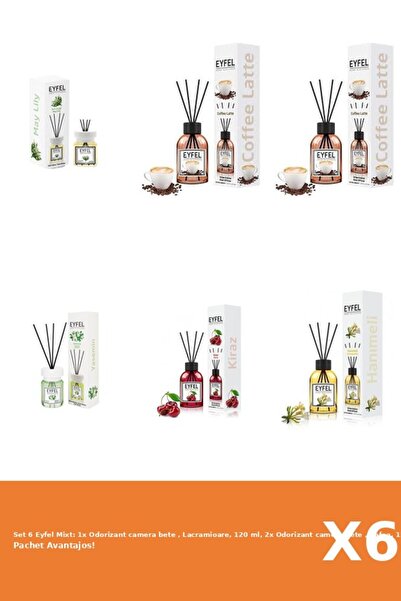 Eyfel Set 6 Mixt: 1x Odorizant camera bete , Lacramioare, 120 ml, 2x Odorizant camera bete , Cafea,