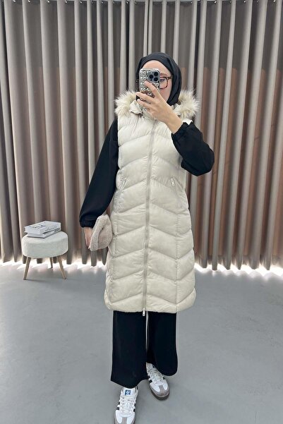 Pardesü Dünyası Şapkası Tüylü Şişme Yelek Krem