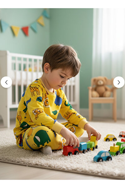 Arya Nisa Kids Boys Fleece-Lined 100% Cotton Yellow Safari Lion Giraffe Printed Pajama Set