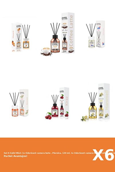 Eyfel Set 6 Mixt: 1x Odorizant camera bete , Piersica, 120 ml, 1x Odorizant camera bete , Cafea, 120