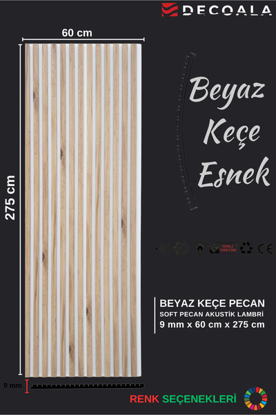 DECOALA MDF akustik duvar paneli beyaz keçe 60x275 cm - Pecan