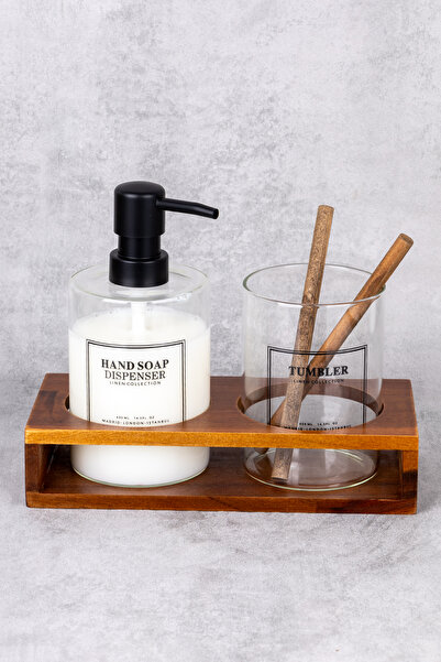 dnshome Bathroom Set with Wooden Stand Glass Soap Dispenser & Toothbrush Holder Set Tumbler Soap Dispenser Bathroom Organizer 430 ml