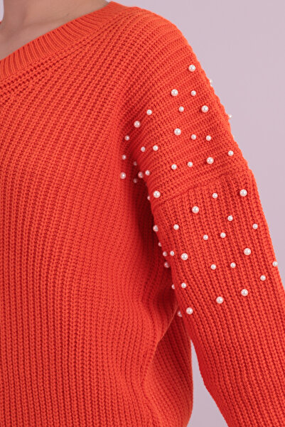 armonika Women's Orange V-Neck Pearl Knitwear Sweater Arm-26K136036