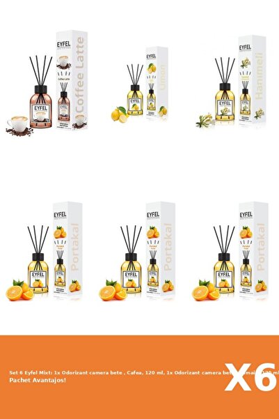 Eyfel Set 6 Mixt: 1x Odorizant camera bete , Cafea, 120 ml, 1x Odorizant camera bete , Lamaie, 120 m