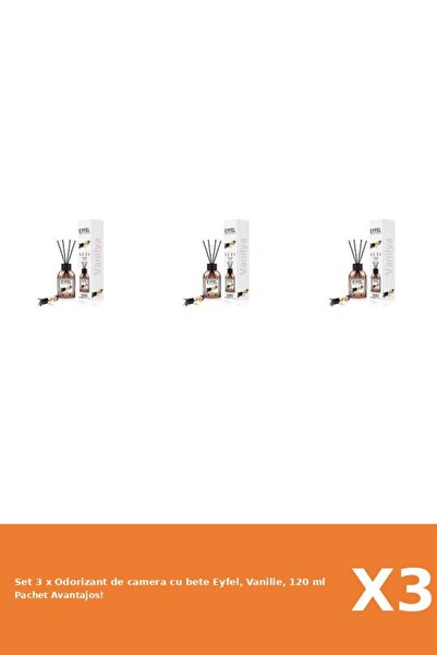 Eyfel Set 3 x Odorizant de camera cu bete Eyfel, Vanilie, 120 ml