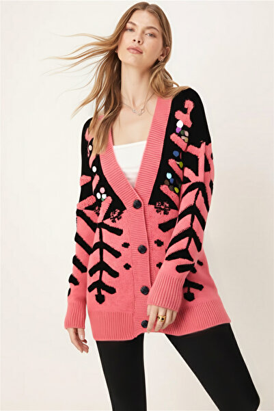 armonika Women's Coral Sequin Buttoned Knitwear Cardigan Arm-26K136025