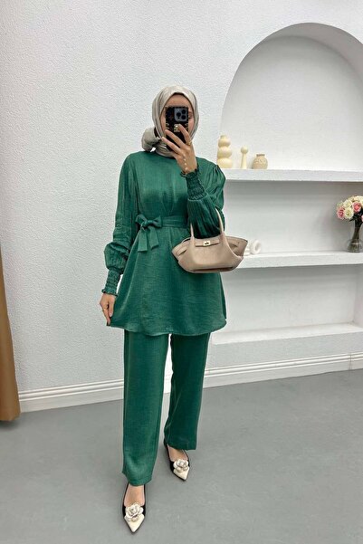 Pardesü Dünyası Kol Piliseli Simli Takım Zümrüt Yeşili