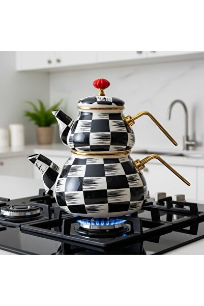 FAIR HOME Black and White Checkerboard Decor Gold Detailed Enamel Teapot Set 2 Lt +1 Lt.