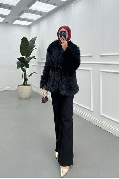 Pardesü Dünyası Kemerli Astarlı Kürk Kaban Siyah