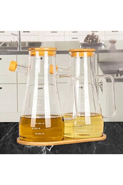 QUCCO 2'li Bambu Vakum Kapaklı ve Stantlı Borosilikat Cam Yağlık Sirkelik Mas...