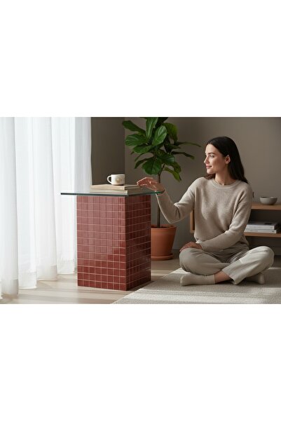 Aurelya El Yapımı Kırmızı Mozaik Kaplamalı Cam Üst Sehpa – Modern & Şık Yan Sehpa Tasarımı (26 x 45)