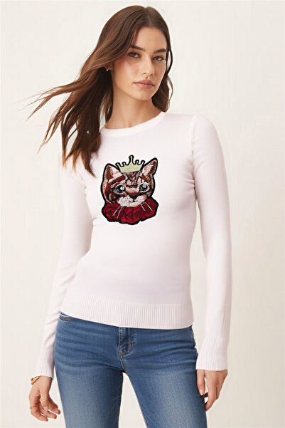 armonika Women's Ecru Crew Neck Appliqued Sweater Arm-26K136001