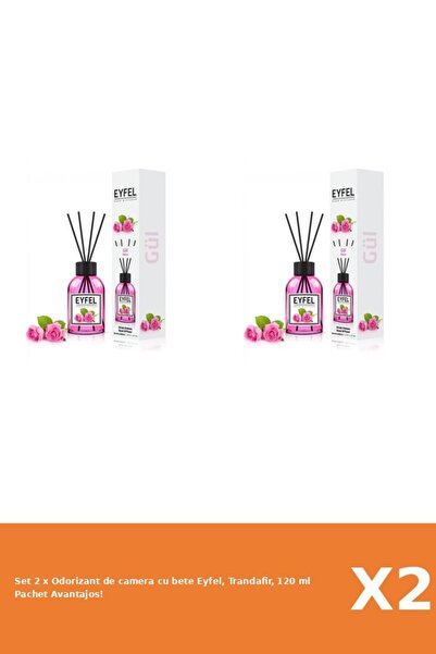 Eyfel Set 2 x Odorizant de camera cu bete Eyfel, Trandafir, 120 ml