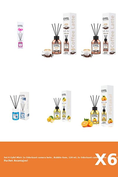 Eyfel Set 6 Mixt: 1x Odorizant camera bete , Bubble Gum, 120 ml, 2x Odorizant camera bete , Cafea, 1