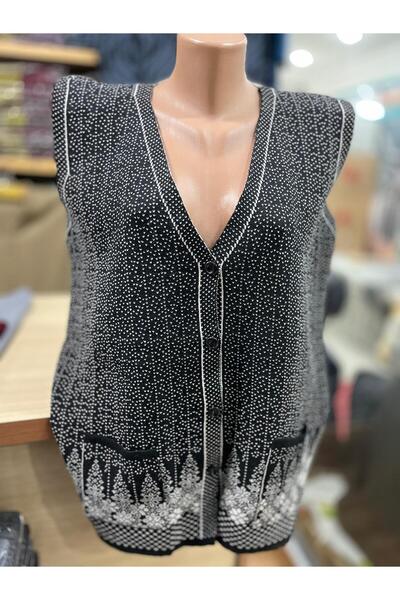 TCR Kadın Triko Düğmeli Cepli Desenli Yelek