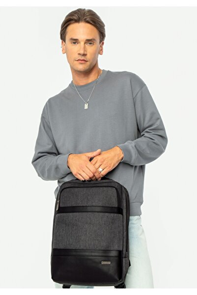 Wittchen Men's 15.6" Laptop Backpack with Wide Handle, Black and Gray Polyester